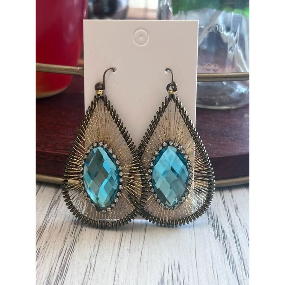 Tear Drop Dangle Earrings Blue Gold Silver Artsy
